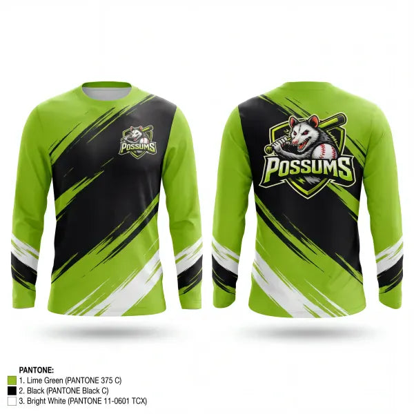 Long Sleeve Performance Shirt, Possums, Baseball, Teamtime, Team time, sublimation, custom sports apparel, team uniforms, spirit wear, spiritwear, sports uniforms, custom shirts, team store, custom team store, fundraiser sports, apparel fundraiser