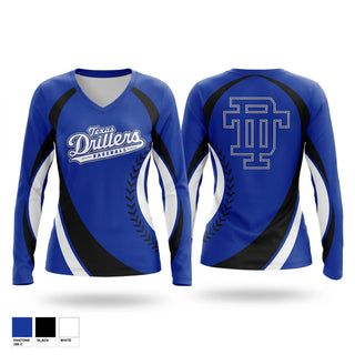 Womens Long Sleeve Vneck Shirt, Texas Drillers, Baseball, Teamtime, Team time, sublimation, custom sports apparel, team uniforms, spirit wear, spiritwear, sports uniforms, custom shirts, team store, custom team store, fundraiser sports, apparel fundraiser