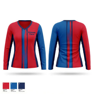 Womens Long Sleeve Vneck Shirt, Crimson Force, Men's Soccer, Teamtime, Team time, sublimation, custom sports apparel, team uniforms, spirit wear, spiritwear, sports uniforms, custom shirts, team store, custom team store, fundraiser sports, apparel fundraiser