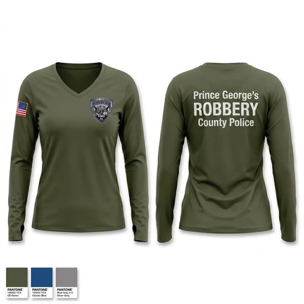 Womens Long Sleeve Vneck Shirt, Prince George's County Police Robbery Unit, Police, Teamtime, Team time, sublimation, custom sports apparel, team uniforms, spirit wear, spiritwear, sports uniforms, custom shirts, team store, custom team store, fundraiser sports, apparel fundraiser