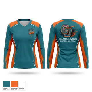 Womens Long Sleeve Vneck Shirt, Collateral Damage, Softball, Teamtime, Team time, sublimation, custom sports apparel, team uniforms, spirit wear, spiritwear, sports uniforms, custom shirts, team store, custom team store, fundraiser sports, apparel fundraiser