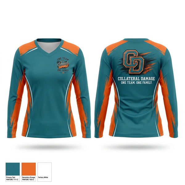 Womens Long Sleeve Vneck Shirt, Collateral Damage, Softball, Teamtime, Team time, sublimation, custom sports apparel, team uniforms, spirit wear, spiritwear, sports uniforms, custom shirts, team store, custom team store, fundraiser sports, apparel fundraiser