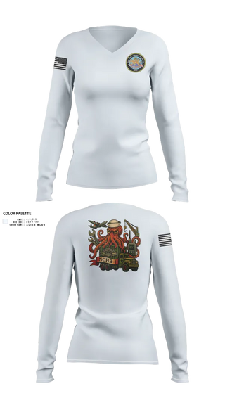 Womens Long Sleeve Vneck Shirt, Navy Cargo Handling Battalion One, Navy, Teamtime, Team time, sublimation, custom sports apparel, team uniforms, spirit wear, spiritwear, sports uniforms, custom shirts, team store, custom team store, fundraiser sports, apparel fundraiser