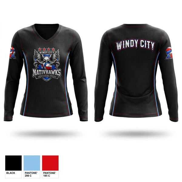 Womens Long Sleeve Vneck Shirt, Windy City NativHawks, Men's Basketball, Teamtime, Team time, sublimation, custom sports apparel, team uniforms, spirit wear, spiritwear, sports uniforms, custom shirts, team store, custom team store, fundraiser sports, apparel fundraiser