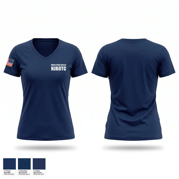 Womens Short Sleeve Vneck Shirt, Rialto High School NJROTC, Navy, Teamtime, Team time, sublimation, custom sports apparel, team uniforms, spirit wear, spiritwear, sports uniforms, custom shirts, team store, custom team store, fundraiser sports, apparel fundraiser