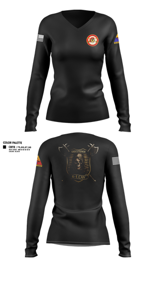Womens Long Sleeve Vneck Shirt, E Trp, 6-1 CAV, Army, Teamtime, Team time, sublimation, custom sports apparel, team uniforms, spirit wear, spiritwear, sports uniforms, custom shirts, team store, custom team store, fundraiser sports, apparel fundraiser