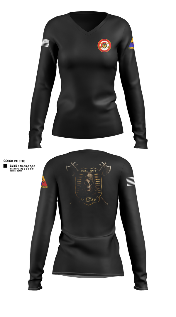 Womens Long Sleeve Vneck Shirt, E Trp, 6-1 CAV, Army, Teamtime, Team time, sublimation, custom sports apparel, team uniforms, spirit wear, spiritwear, sports uniforms, custom shirts, team store, custom team store, fundraiser sports, apparel fundraiser