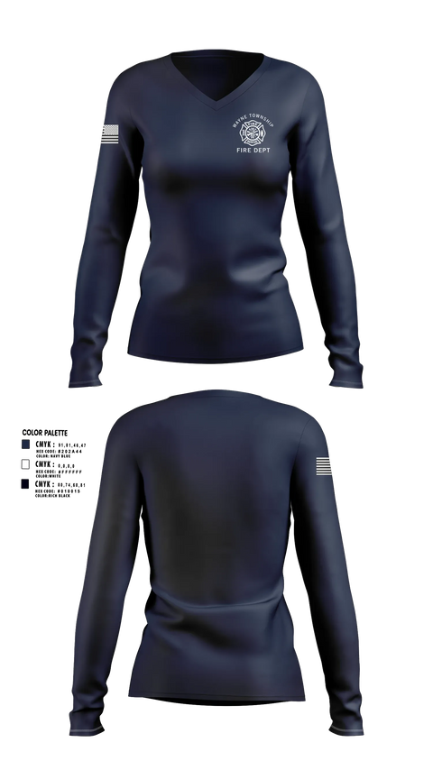 Womens Long Sleeve Vneck Shirt, Wayne Township Volunteer Fire Department, Fire Department, Teamtime, Team time, sublimation, custom sports apparel, team uniforms, spirit wear, spiritwear, sports uniforms, custom shirts, team store, custom team store, fundraiser sports, apparel fundraiser