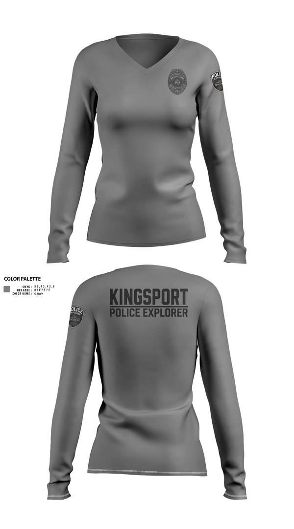 Womens Long Sleeve Vneck Shirt, Kingsport Police Explorer Post, Police, Teamtime, Team time, sublimation, custom sports apparel, team uniforms, spirit wear, spiritwear, sports uniforms, custom shirts, team store, custom team store, fundraiser sports, apparel fundraiser
