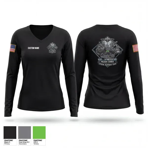 Womens Long Sleeve Vneck Shirt, Pulaski County SRT, Fire Department, Teamtime, Team time, sublimation, custom sports apparel, team uniforms, spirit wear, spiritwear, sports uniforms, custom shirts, team store, custom team store, fundraiser sports, apparel fundraiser