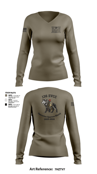 Womens Long Sleeve Vneck Shirt, 136 EVCC, Army, Teamtime, Team time, sublimation, custom sports apparel, team uniforms, spirit wear, spiritwear, sports uniforms, custom shirts, team store, custom team store, fundraiser sports, apparel fundraiser