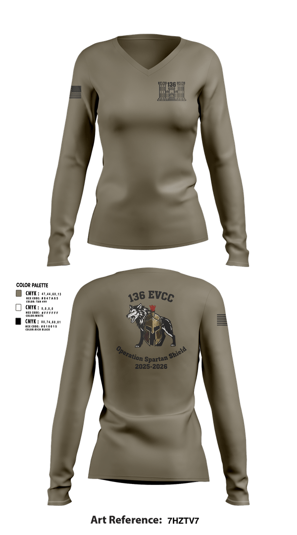 Womens Long Sleeve Vneck Shirt, 136 EVCC, Army, Teamtime, Team time, sublimation, custom sports apparel, team uniforms, spirit wear, spiritwear, sports uniforms, custom shirts, team store, custom team store, fundraiser sports, apparel fundraiser