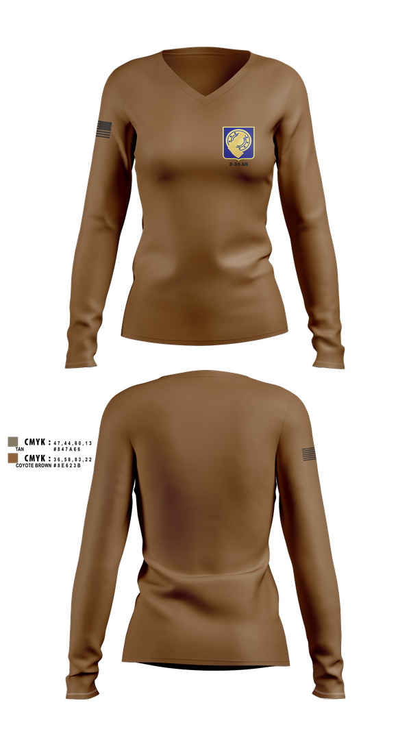 Womens Long Sleeve Vneck Shirt, 2-34 AR, Army, Teamtime, Team time, sublimation, custom sports apparel, team uniforms, spirit wear, spiritwear, sports uniforms, custom shirts, team store, custom team store, fundraiser sports, apparel fundraiser