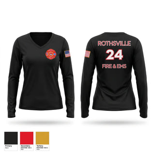 Womens Long Sleeve Vneck Shirt, Rothsville Fire & EMS, EMS/EMT, Teamtime, Team time, sublimation, custom sports apparel, team uniforms, spirit wear, spiritwear, sports uniforms, custom shirts, team store, custom team store, fundraiser sports, apparel fundraiser