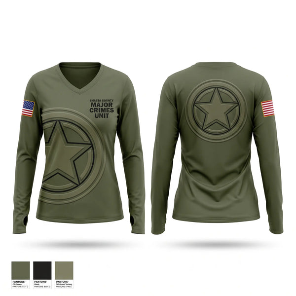 Womens Long Sleeve Vneck Shirt, Shasta County Major Crimes Unit, Police, Teamtime, Team time, sublimation, custom sports apparel, team uniforms, spirit wear, spiritwear, sports uniforms, custom shirts, team store, custom team store, fundraiser sports, apparel fundraiser