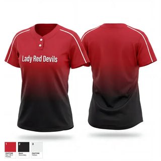 Two Button Softball Jersey, Lady Red Devils, Softball, Teamtime, Team time, sublimation, custom sports apparel, team uniforms, spirit wear, spiritwear, sports uniforms, custom shirts, team store, custom team store, fundraiser sports, apparel fundraiser
