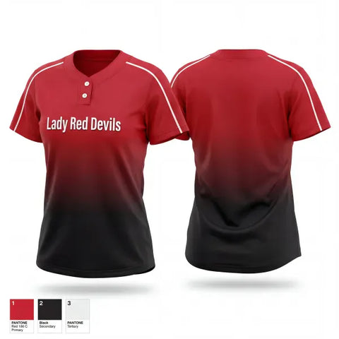 Two Button Softball Jersey, Lady Red Devils, Softball, Teamtime, Team time, sublimation, custom sports apparel, team uniforms, spirit wear, spiritwear, sports uniforms, custom shirts, team store, custom team store, fundraiser sports, apparel fundraiser