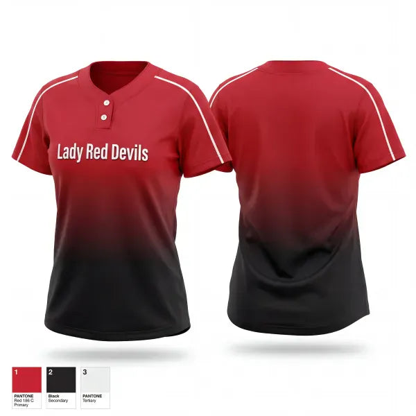 Two Button Softball Jersey, Lady Red Devils, Softball, Teamtime, Team time, sublimation, custom sports apparel, team uniforms, spirit wear, spiritwear, sports uniforms, custom shirts, team store, custom team store, fundraiser sports, apparel fundraiser