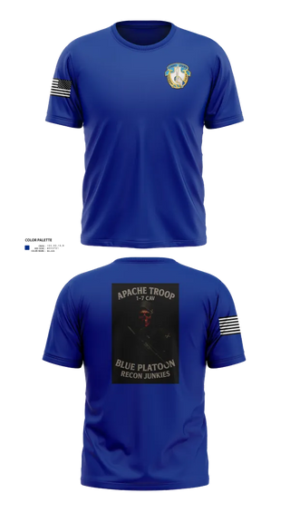 Old School Cotton Feel Shirt, 1-7 Cavlary Division Apache Troop Blue Platoon Recon Junkies, Army, Teamtime, Team time, sublimation, custom sports apparel, team uniforms, spirit wear, spiritwear, sports uniforms, custom shirts, team store, custom team store, fundraiser sports, apparel fundraiser