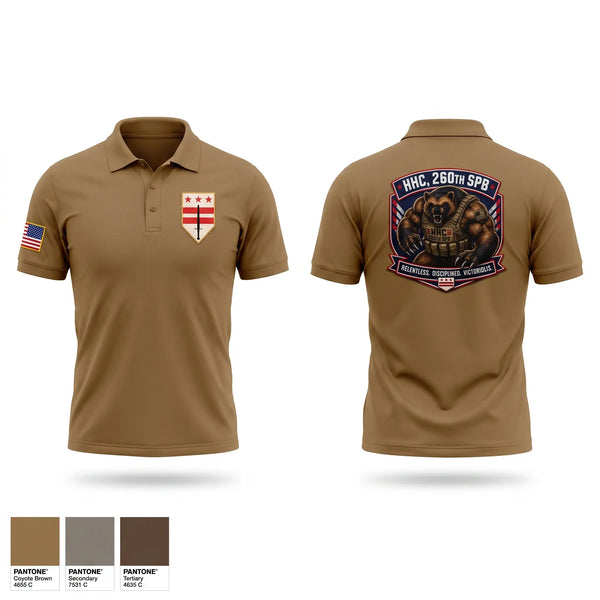 Short Sleeve Performance Polo, HHC, 260th SPB, Army, Teamtime, Team time, sublimation, custom sports apparel, team uniforms, spirit wear, spiritwear, sports uniforms, custom shirts, team store, custom team store, fundraiser sports, apparel fundraiser
