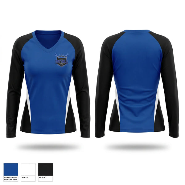 Womens Long Sleeve Vneck Shirt, Royals, Baseball, Teamtime, Team time, sublimation, custom sports apparel, team uniforms, spirit wear, spiritwear, sports uniforms, custom shirts, team store, custom team store, fundraiser sports, apparel fundraiser