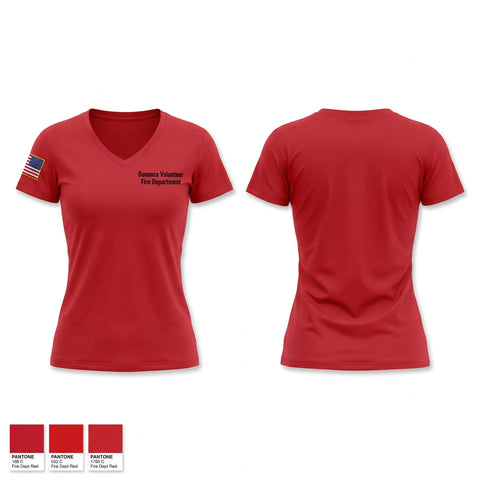 Womens Short Sleeve Vneck Shirt, Bonanza Volunteer Fire Department, Fire Department, Teamtime, Team time, sublimation, custom sports apparel, team uniforms, spirit wear, spiritwear, sports uniforms, custom shirts, team store, custom team store, fundraiser sports, apparel fundraiser