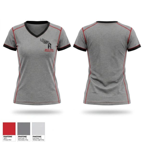 Womens Short Sleeve Vneck Shirt, Racine Area Running Club, Spirit Store, Teamtime, Team time, sublimation, custom sports apparel, team uniforms, spirit wear, spiritwear, sports uniforms, custom shirts, team store, custom team store, fundraiser sports, apparel fundraiser