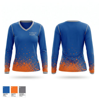 Womens Long Sleeve Vneck Shirt, Colonial Health, , Teamtime, Team time, sublimation, custom sports apparel, team uniforms, spirit wear, spiritwear, sports uniforms, custom shirts, team store, custom team store, fundraiser sports, apparel fundraiser