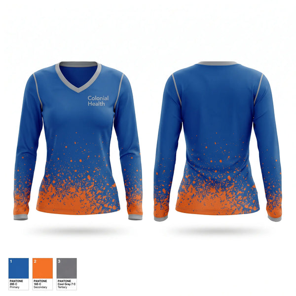 Womens Long Sleeve Vneck Shirt, Colonial Health, , Teamtime, Team time, sublimation, custom sports apparel, team uniforms, spirit wear, spiritwear, sports uniforms, custom shirts, team store, custom team store, fundraiser sports, apparel fundraiser