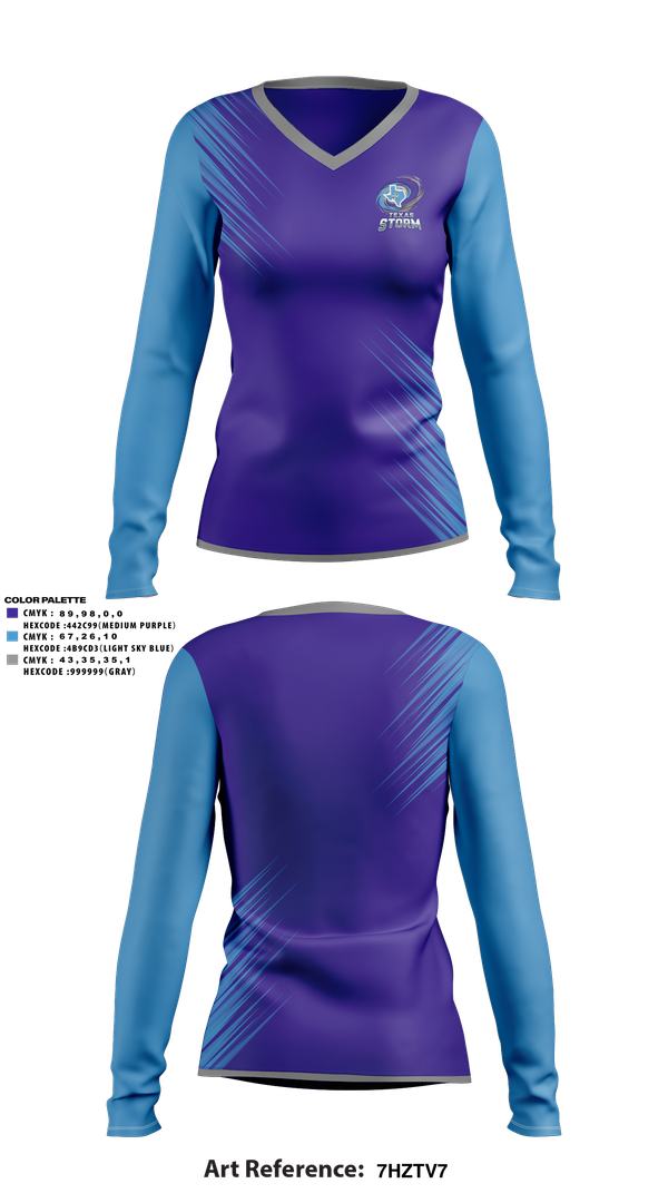 Womens Long Sleeve Vneck Shirt, Texas Storm, Softball, Teamtime, Team time, sublimation, custom sports apparel, team uniforms, spirit wear, spiritwear, sports uniforms, custom shirts, team store, custom team store, fundraiser sports, apparel fundraiser