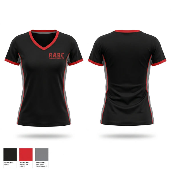 Womens Short Sleeve Vneck Shirt, Racine Area Running Club, Spirit Store, Teamtime, Team time, sublimation, custom sports apparel, team uniforms, spirit wear, spiritwear, sports uniforms, custom shirts, team store, custom team store, fundraiser sports, apparel fundraiser