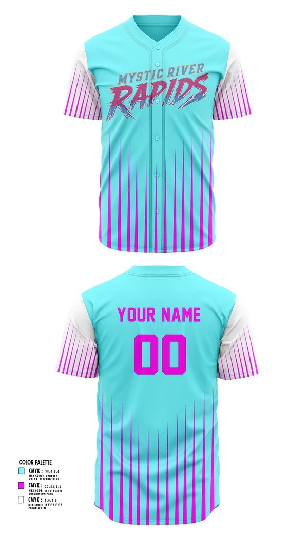 Full Button Baseball Jersey, Mystic River Rapids, Baseball, Teamtime, Team time, sublimation, custom sports apparel, team uniforms, spirit wear, spiritwear, sports uniforms, custom shirts, team store, custom team store, fundraiser sports, apparel fundraiser