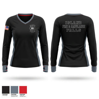 Womens Long Sleeve Vneck Shirt, Island Falls Fire & Ambulance, Fire Department, Teamtime, Team time, sublimation, custom sports apparel, team uniforms, spirit wear, spiritwear, sports uniforms, custom shirts, team store, custom team store, fundraiser sports, apparel fundraiser