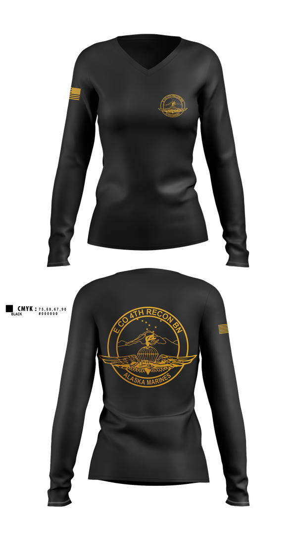 Womens Long Sleeve Vneck Shirt, E co 4th recon bn, Marines, Teamtime, Team time, sublimation, custom sports apparel, team uniforms, spirit wear, spiritwear, sports uniforms, custom shirts, team store, custom team store, fundraiser sports, apparel fundraiser