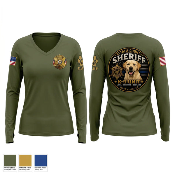 Womens Long Sleeve Vneck Shirt, Attala County Sheriff Dept., Police, Teamtime, Team time, sublimation, custom sports apparel, team uniforms, spirit wear, spiritwear, sports uniforms, custom shirts, team store, custom team store, fundraiser sports, apparel fundraiser