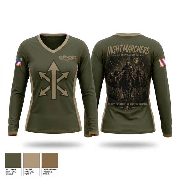 Womens Long Sleeve Vneck Shirt, 1ST SQUADRON, 299TH CAVALRY REGIMENT HAWAII ARMY NATIONAL GUARD 91-1227 ENTERPRISE AVENUE KAPOLEI, HAWAII 96707-2150, Army, Teamtime, Team time, sublimation, custom sports apparel, team uniforms, spirit wear, spiritwear, sports uniforms, custom shirts, team store, custom team store, fundraiser sports, apparel fundraiser