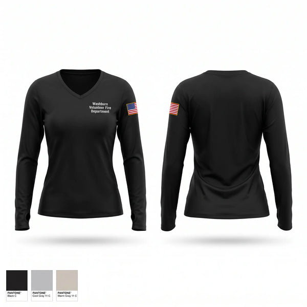 Womens Long Sleeve Vneck Shirt, Washburn Volunteer Fire Department, Fire Department, Teamtime, Team time, sublimation, custom sports apparel, team uniforms, spirit wear, spiritwear, sports uniforms, custom shirts, team store, custom team store, fundraiser sports, apparel fundraiser