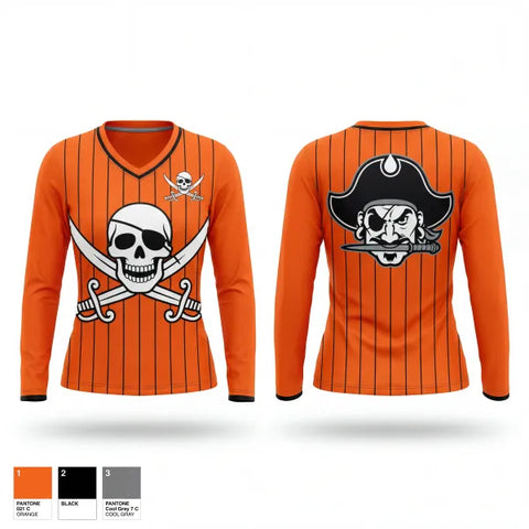 Womens Long Sleeve Vneck Shirt, PIRATES, Bowling, Teamtime, Team time, sublimation, custom sports apparel, team uniforms, spirit wear, spiritwear, sports uniforms, custom shirts, team store, custom team store, fundraiser sports, apparel fundraiser