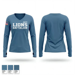 Womens Long Sleeve Vneck Shirt, Lions Battalion, Army, Teamtime, Team time, sublimation, custom sports apparel, team uniforms, spirit wear, spiritwear, sports uniforms, custom shirts, team store, custom team store, fundraiser sports, apparel fundraiser