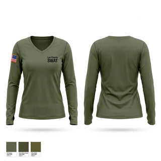 Womens Long Sleeve Vneck Shirt, Lee County SWAT, Police, Teamtime, Team time, sublimation, custom sports apparel, team uniforms, spirit wear, spiritwear, sports uniforms, custom shirts, team store, custom team store, fundraiser sports, apparel fundraiser