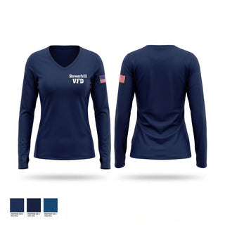 Womens Long Sleeve Vneck Shirt, Bowerhill VFD, Fire Department, Teamtime, Team time, sublimation, custom sports apparel, team uniforms, spirit wear, spiritwear, sports uniforms, custom shirts, team store, custom team store, fundraiser sports, apparel fundraiser
