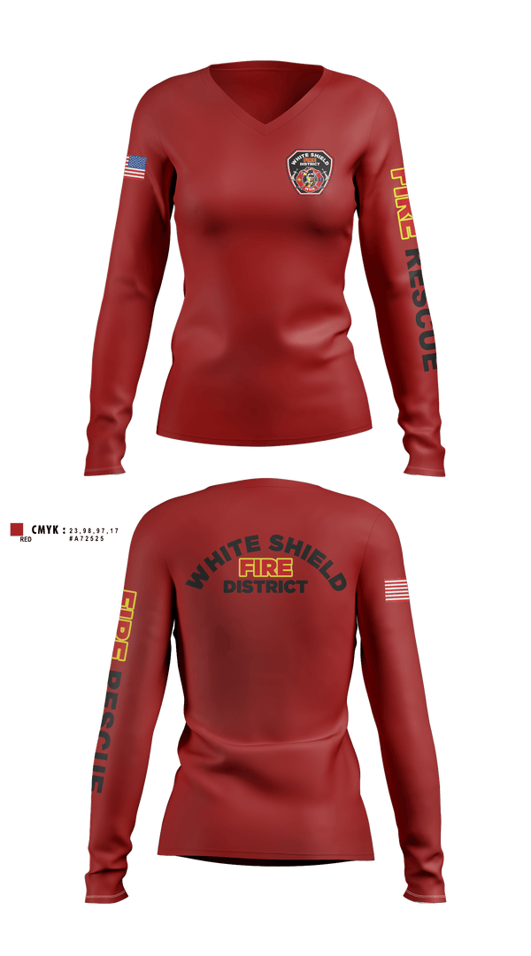 Womens Long Sleeve Vneck Shirt, White Shield Fire Department, Fire Department, Teamtime, Team time, sublimation, custom sports apparel, team uniforms, spirit wear, spiritwear, sports uniforms, custom shirts, team store, custom team store, fundraiser sports, apparel fundraiser