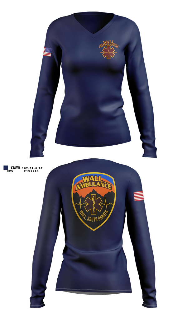 Womens Long Sleeve Vneck Shirt, Wall Ambulance Service, EMS/EMT, Teamtime, Team time, sublimation, custom sports apparel, team uniforms, spirit wear, spiritwear, sports uniforms, custom shirts, team store, custom team store, fundraiser sports, apparel fundraiser