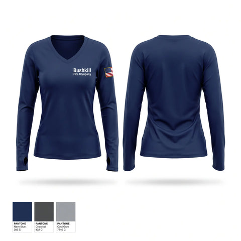 Womens Long Sleeve Vneck Shirt, Bushkill Fire Company, Fire Department, Teamtime, Team time, sublimation, custom sports apparel, team uniforms, spirit wear, spiritwear, sports uniforms, custom shirts, team store, custom team store, fundraiser sports, apparel fundraiser