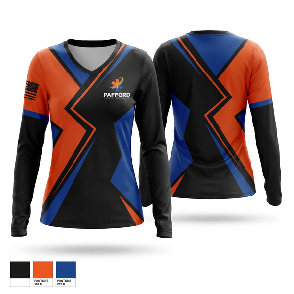 Womens Long Sleeve Vneck Shirt, pafford emergency medical service., EMS/EMT, Teamtime, Team time, sublimation, custom sports apparel, team uniforms, spirit wear, spiritwear, sports uniforms, custom shirts, team store, custom team store, fundraiser sports, apparel fundraiser