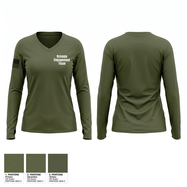 Womens Long Sleeve Vneck Shirt, Oceania Engagement Team, Army, Teamtime, Team time, sublimation, custom sports apparel, team uniforms, spirit wear, spiritwear, sports uniforms, custom shirts, team store, custom team store, fundraiser sports, apparel fundraiser