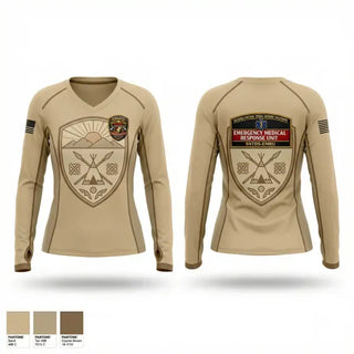 Womens Long Sleeve Vneck Shirt, Sicangu Nation Tribal Defense Solutions Emergency Medical Response Unit (SNTDS‑EMRU), EMS/EMT, Teamtime, Team time, sublimation, custom sports apparel, team uniforms, spirit wear, spiritwear, sports uniforms, custom shirts, team store, custom team store, fundraiser sports, apparel fundraiser