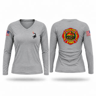 Womens Long Sleeve Vneck Shirt, Scorpions, Fire Department, Teamtime, Team time, sublimation, custom sports apparel, team uniforms, spirit wear, spiritwear, sports uniforms, custom shirts, team store, custom team store, fundraiser sports, apparel fundraiser