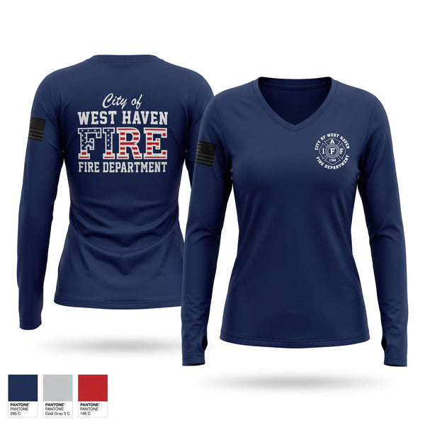 Womens Long Sleeve Vneck Shirt, City of West Haven Fire Department, Fire Department, Teamtime, Team time, sublimation, custom sports apparel, team uniforms, spirit wear, spiritwear, sports uniforms, custom shirts, team store, custom team store, fundraiser sports, apparel fundraiser
