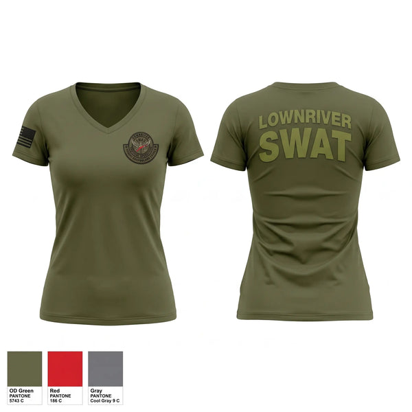Womens Short Sleeve Vneck Shirt, DOWNRIVER SWAT, Police, Teamtime, Team time, sublimation, custom sports apparel, team uniforms, spirit wear, spiritwear, sports uniforms, custom shirts, team store, custom team store, fundraiser sports, apparel fundraiser